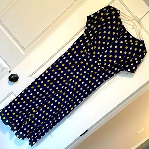 Talbots Navy blue crêpe dress with white and yellow polkadots